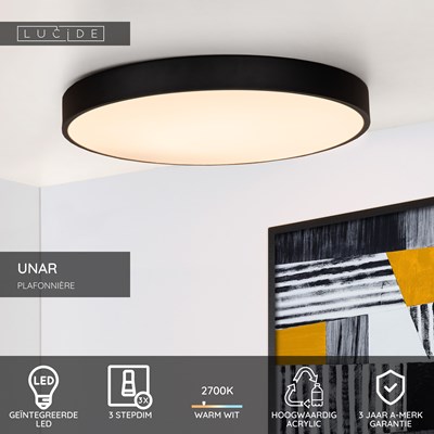 Lucide UNAR - Plafonnière - Ø 49,5 cm - LED 3 StepDim - 1x36W 2700K - Zwart